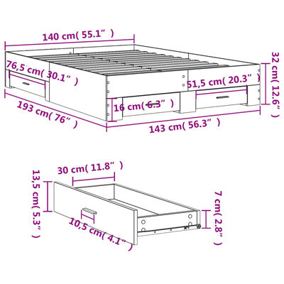 vidaXL Bed Frame with Drawers without Mattress Smoked Oak 140x190 cm