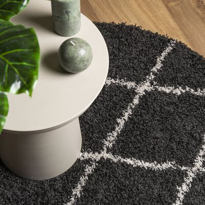 vidaXL Shaggy Rug PAMPLONA High Pile Modern Black and Cream Ø 160 cm