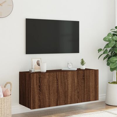 vidaXL TV Wall Cabinet with LED Lights Brown Oak 100x35x41 cm