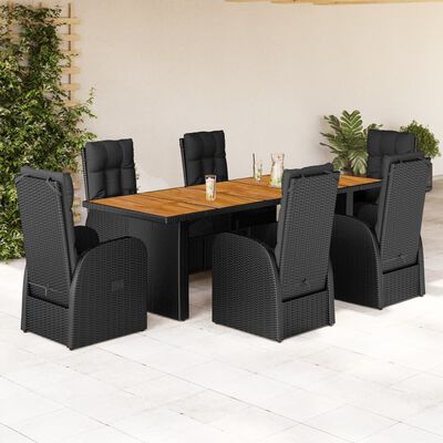 vidaXL 7 Piece Garden Dining Set with Cushions Black Poly Rattan