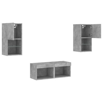 vidaXL 4 Piece TV Wall Cabinets with LED Lights Concrete Grey