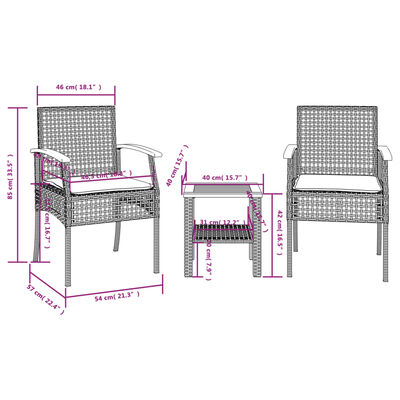 vidaXL 3 Piece Bistro Set with Cushions Black Poly Rattan Acacia Wood