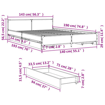 vidaXL Bed Frame with Drawers without Mattress Black 140x190 cm