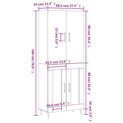 vidaXL Highboard Grey Sonoma 69.5x34x180 cm Engineered Wood