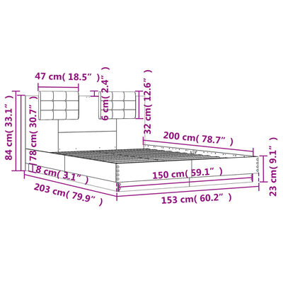 vidaXL Bed Frame with LED without Mattress Brown Oak 150x200 cm King Size