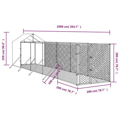 vidaXL Outdoor Dog Kennel with Roof Silver 2x10x2.5 m Galvanised Steel