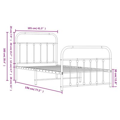 vidaXL Metal Bed Frame without Mattress with Footboard White 100x190 cm