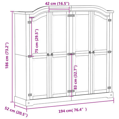 vidaXL Wardrobe Corona White 194x52x186 cm Solid Wood Pine