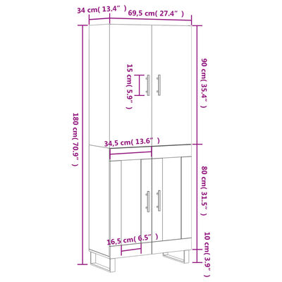 vidaXL Highboard Grey Sonoma 69.5x34x180 cm Engineered Wood