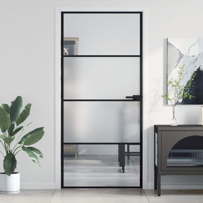 vidaXL Interior Door Slim Black 93x201.5 cm Tempered Glass and Aluminium