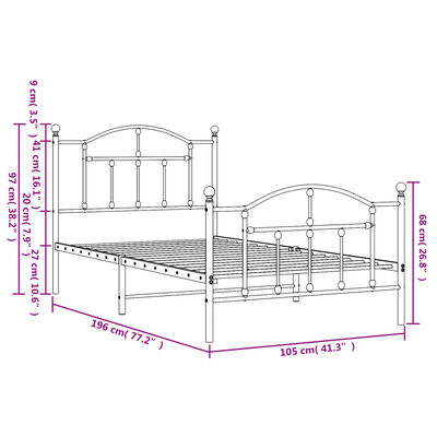 vidaXL Metal Bed Frame without Mattress with Footboard Black 100x190 cm