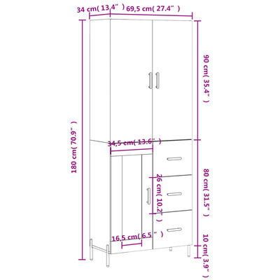 vidaXL Highboard White 69.5x34x180 cm Engineered Wood