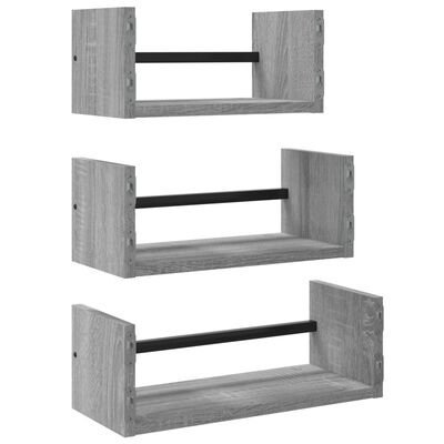 vidaXL 3 Piece Wall Shelf Set with Bars Grey Sonoma Engineered wood