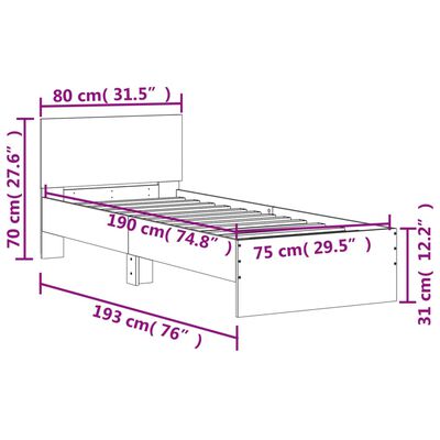 vidaXL Bed Frame without Mattress with LED Lights Brown Oak 75x190 cm Small Single