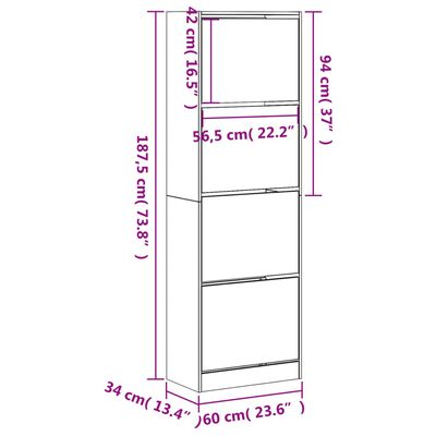 vidaXL Shoe Cabinet with 4 Flip-Drawers Black 60x34x187.5 cm