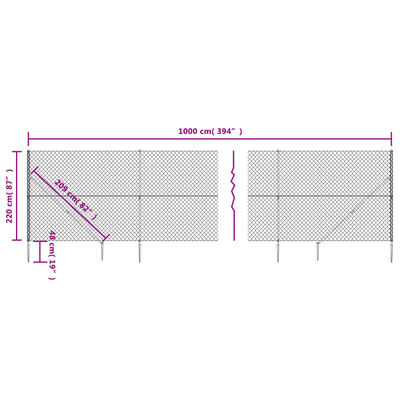 vidaXL Chain Link Fence with Spike Anchors Silver 2.2x10 m