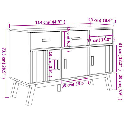 vidaXL Sideboard OLDEN White and Brown 114x43x73.5 cm Solid Wood Pine