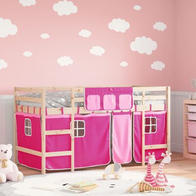 vidaXL Kids' Loft Bed with Curtains without Mattress Pink 90x200 cm