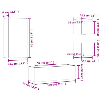 vidaXL 4 Piece TV Wall Cabinets with LED Lights Sonoma Oak