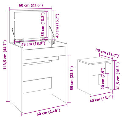 vidaXL Dressing Table and Stool White 60x40x113.5 cm