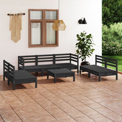 vidaXL 8 Piece Garden Lounge Set Black Solid Pinewood