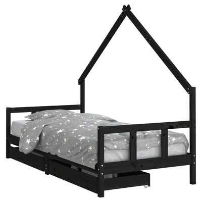 vidaXL Kids Bed Frame with Drawers Black 90x200 cm Solid Wood Pine