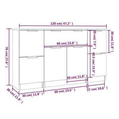 vidaXL Sideboards 3 pcs High Gloss White Engineered Wood