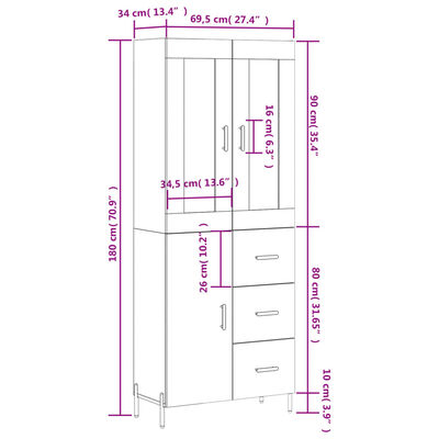 vidaXL Highboard High Gloss White 69.5x34x180 cm Engineered Wood