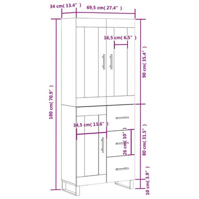 vidaXL Highboard Brown Oak 69.5x34x180 cm Engineered Wood