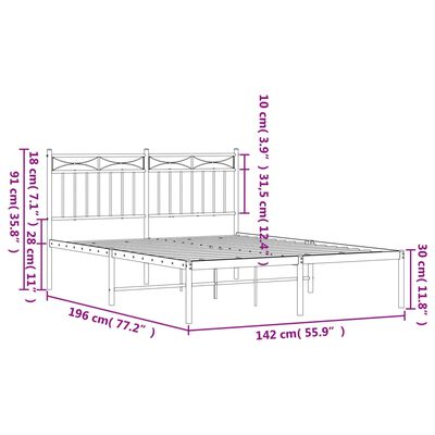 vidaXL Metal Bed Frame without Mattress with Headboard White 135x190 cm Double