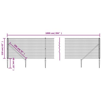 vidaXL Wire Mesh Fence with Spike Anchors Anthracite 1.1x10 m