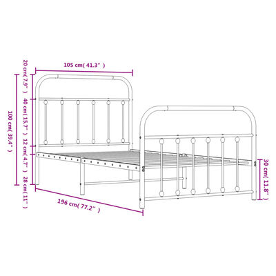 vidaXL Metal Bed Frame without Mattress with Footboard Black 100x190 cm