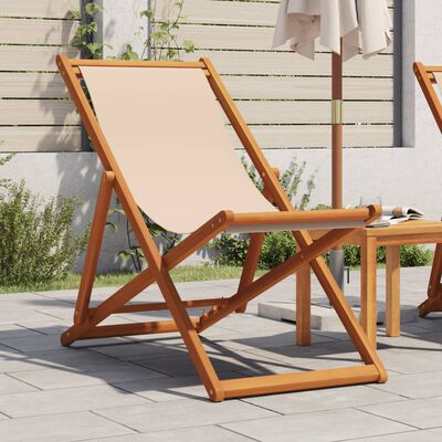 vidaXL Folding Beach Chair Beige Solid Wood Eucalyptus and Fabric