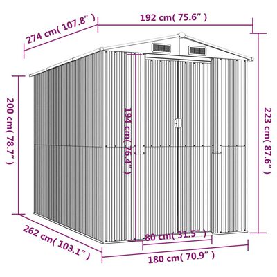 vidaXL Garden Shed Light Grey 192x274x223 cm Galvanised Steel