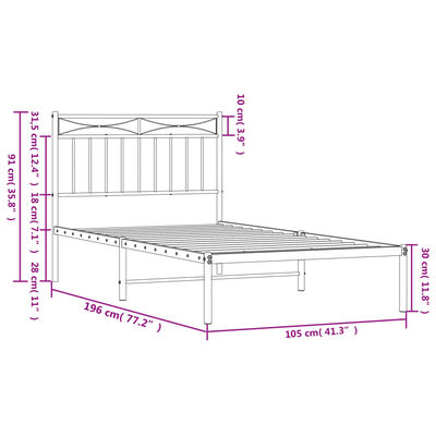 vidaXL Metal Bed Frame without Mattress with Headboard White 100x190 cm