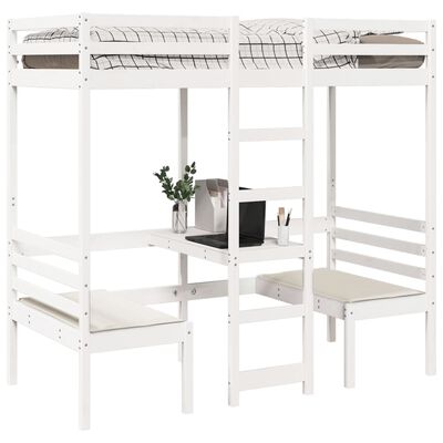 vidaXL Loft Bed Frame with Desk and Chairs White 75x190cm Solid Wood Pine