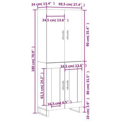 vidaXL Highboard White 69.5x34x180 cm Engineered Wood