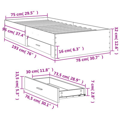 vidaXL Bed Frame with Drawers without Mattress Black 75x190 cm Small Single