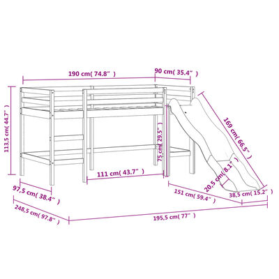 vidaXL Kids' Loft Bed with Curtains without Mattress Pink 90x190 cm Single