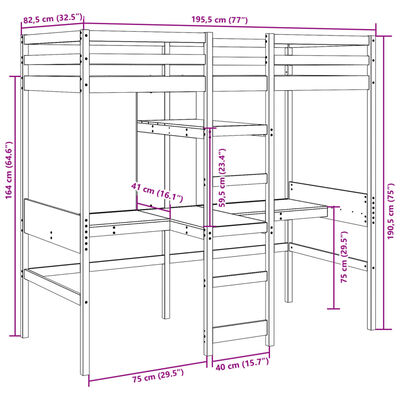 vidaXL Loft Bed Frame without Mattress 75x190cm Solid Wood Pine