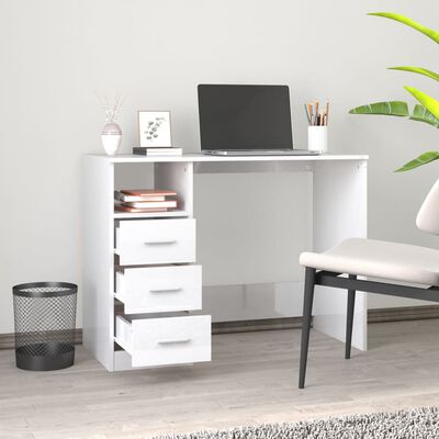 vidaXL Desk with Drawers High Gloss White 102x50x76 cm Engineered Wood