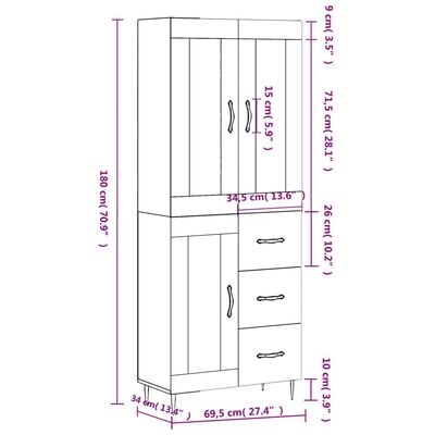 vidaXL Highboard Concrete Grey 69.5x34x180 cm Engineered Wood