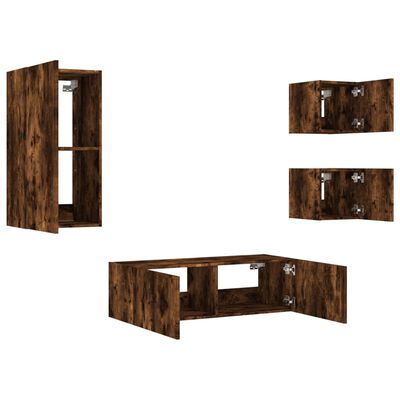 vidaXL 4 Piece TV Wall Cabinets with LED Lights Smoked Oak