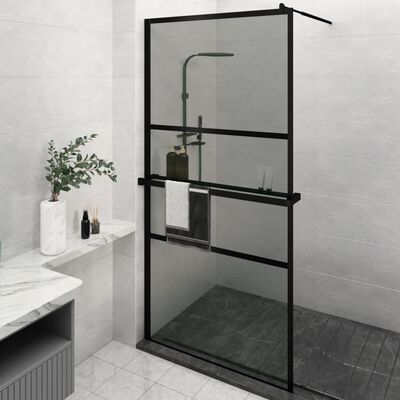 vidaXL Walk-in Shower Wall with Shelf Black 115x195 cm ESG Glass&Aluminium