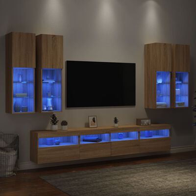 vidaXL 7 Piece TV Wall Cabinet Set with LED Lights Sonoma Oak