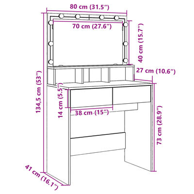 vidaXL Dressing Table with LED White 80x41x134.5 cm