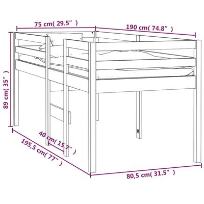 vidaXL High Sleeper Bed without Mattress 75x190 cm Small Single Solid Wood Pine