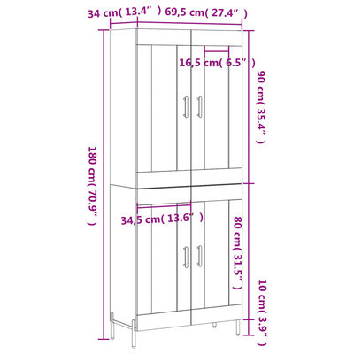 vidaXL Highboard White 69.5x34x180 cm Engineered Wood