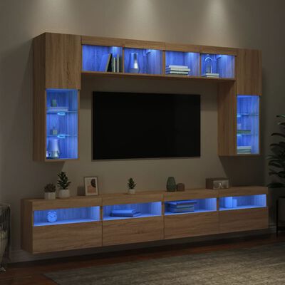 vidaXL 8 Piece TV Wall Cabinet Set with LED Lights Sonoma Oak