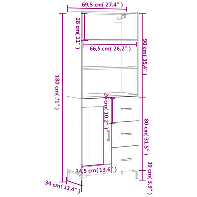 vidaXL Highboard White 69.5x34x180 cm Engineered Wood